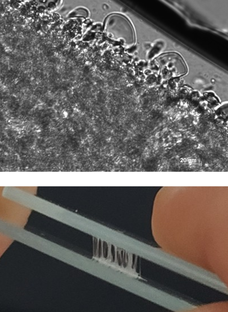 En haut : vue au microscope d'un amas de coacervats. En bas : colle résultant de cet amas. © Amandine Parron, ISM.